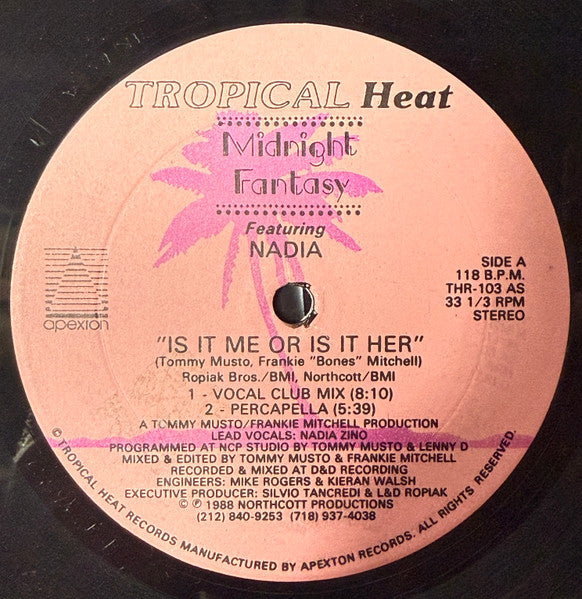 Midnight Fantasy Featuring Nadia - Is It Me Or Is It Her? - VG 12" Single Record 1988 Tropical Heat USA Vinyl - House / Freestyle