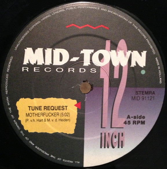 Tune Request - Motherfucker - VG 12" Single Record 1992 Mid-Town Netherlands Vinyl - Techno / Hardcore - Shuga Records
