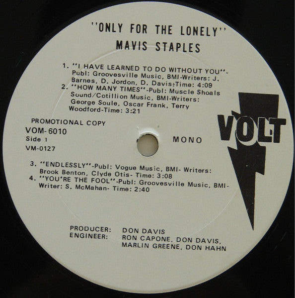 Mavis Staples - Only For The Lonely - VG (VG- cover) LP Record 1970 Volt USA White Label Promo Mono Vinyl - Soul / Funk - Shuga Records