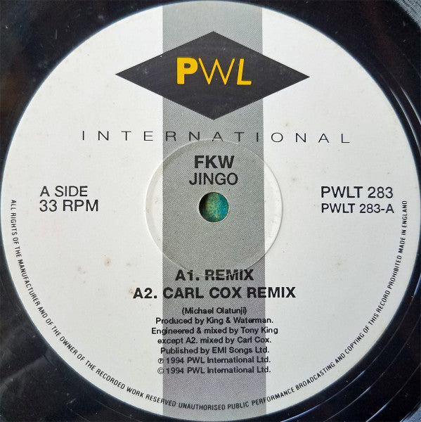 FKW - Jingo - VG+ 12" Single Record 1994 PWL International UK Vinyl - Tribal House / Techno