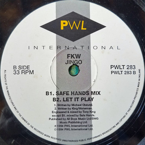 FKW - Jingo - VG+ 12" Single Record 1994 PWL International UK Vinyl - Tribal House / Techno