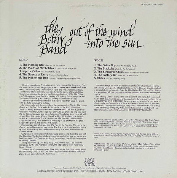 The Bothy Band - Out Of The Wind Into The Sun (1977) - Mint- LP Record 1985 Green Linnet USA Vinyl - Folk / Celtic - Shuga Records