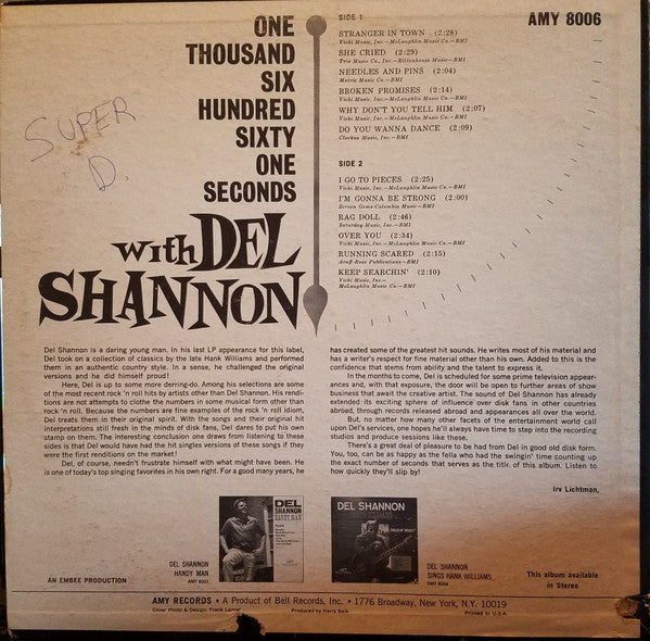 Del Shannon - One Thousand Six Hundred Sixty One Seconds With Del Shannon - VG LP Record 1965 Amy USA Vinyl Original Stereo - Rock & Roll / Pop Rock - Shuga Records