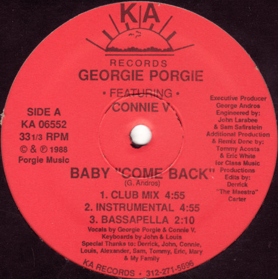 Georgie "Mixin" Porgie Featuring Connie V - Baby "Come Back" (Derrick Carter edits) - VG 12" Single Record 1988 KA USA Vinyl - Chicago House / Freestyle - Shuga Records