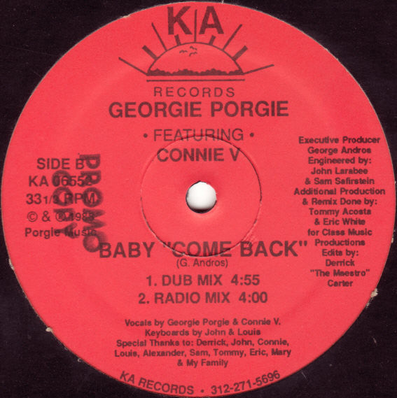Georgie "Mixin" Porgie Featuring Connie V - Baby "Come Back" (Derrick Carter edits) - VG 12" Single Record 1988 KA USA Vinyl - Chicago House / Freestyle - Shuga Records
