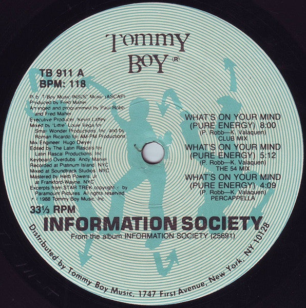 Information Society – What's On Your Mind (Pure Energy) - VG 12" Single 1988 Record Tommy Boy USA Vinyl - Freestyle / Electro / Synth-pop
