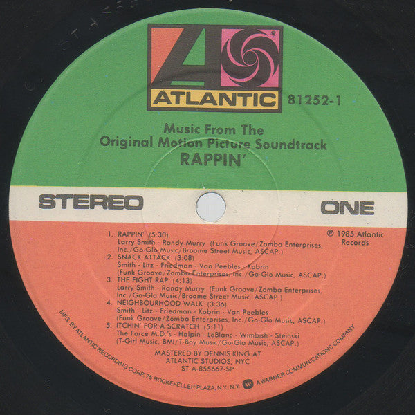 Various - Rappin' (Music From The Original Motion Picture) - VG+ LP Record 1985 Atlantic USA Vinyl - Soundtrack / Pop Rap / Hip Hop - Shuga Records