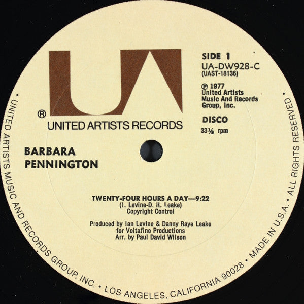 Barbara Pennington - Twenty Four Hours A Day - VG+ 12" Single Record 1977 United Artists USA Vinyl - Disco - Shuga Records