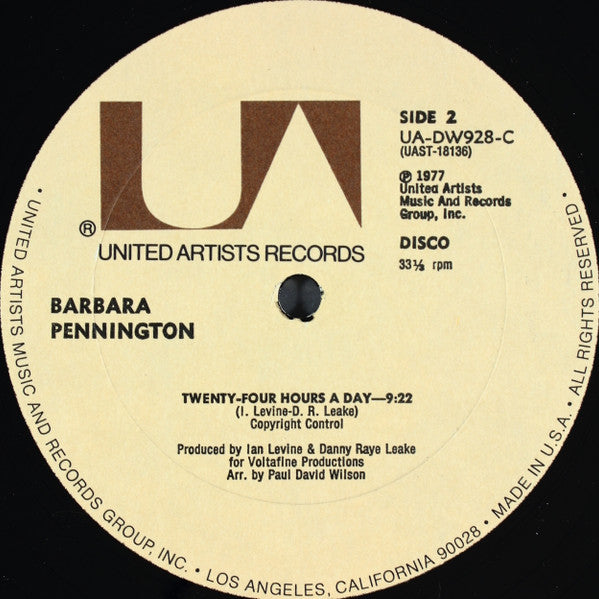 Barbara Pennington - Twenty Four Hours A Day - VG+ 12" Single Record 1977 United Artists USA Vinyl - Disco - Shuga Records