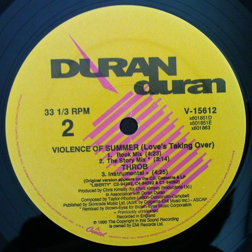 Duran Duran - Violence Of Summer (Love's Taking Over) - Mint- 12" Single Record 1990 Capitol USA Vinyl - Pop Rock / Synth-pop - Shuga Records