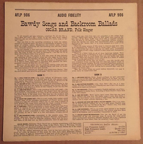 Oscar Brand - Bawdy Songs And Backroom Ballads - VG+ (Mint- Cover) 10" LP Record 1955 Audio Fidelity USA Vinyl & Irving Sloane Artwork - Folk - Shuga Records