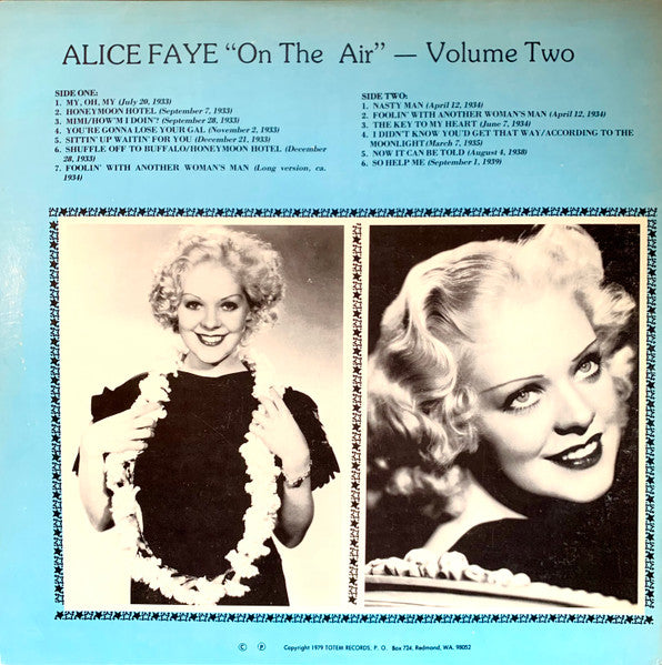 Alice Faye - On The Air Volume Two - VG+ LP Record 1979 Totem USA Vinyl - Pop / Vocal - Shuga Records