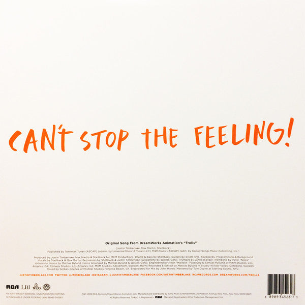JT / Justin Timberlake - Can't Stop the Feeling - New 12" Single Record 2016 RCA USA Orange Vinyl - Pop / R&B - Shuga Records