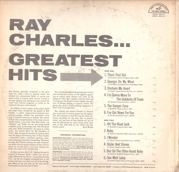 Ray Charles - Greatest Hits - VG+ LP Record 1962 ABC-Paramount USA Vinyl - Rhythm & Blues / Soul - Shuga Records