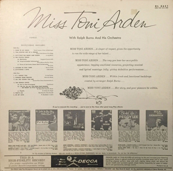 Miss Toni Arden - Miss Toni Arden - VG+ LP Record 1958 Decca USA Mono Vinyl - Jazz / Pop / Vocal - Shuga Records