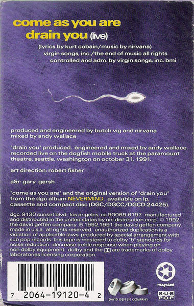 Nirvana – Come As You Are - VG+ Cassette Single 1992 DGC Sub Pop USA Tape - Alternative Rock / Grunge - Shuga Records