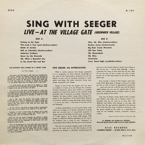 Pete Seeger - Sing With Seeger! Live - At The Village Gate (Greenwich Village) - VG+ LP Record 1964 Disc USA Vinyl - Folk - Shuga Records