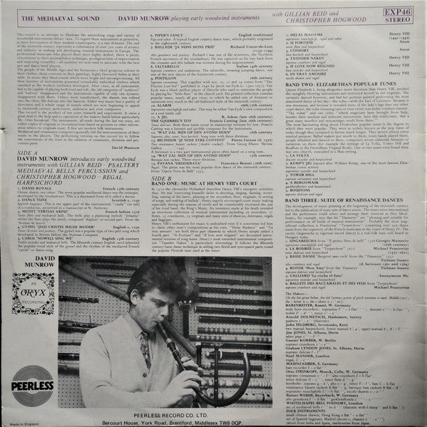 David Munrow - The Mediaeval Sound - Mint- LP Record 1970 Oryx UK Vinyl - Renaissance / Folk / Medieval / Classical - Shuga Records