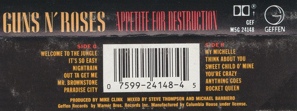 Guns N' Roses - Appetite For Destruction - VG+ Cassette 1987 Geffen Club Edition USA Tape - Rock / Hard Rock - Shuga Records