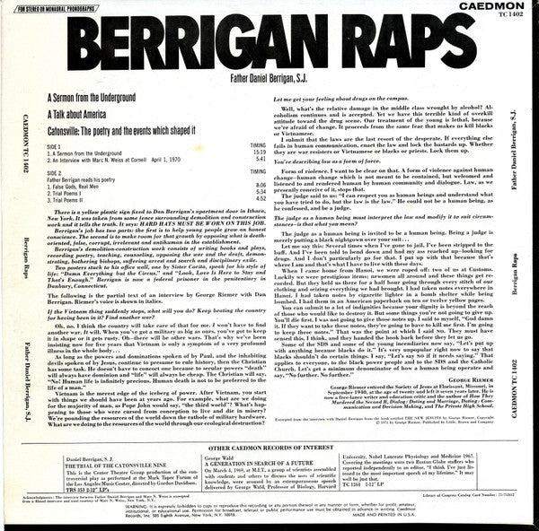 Father Daniel Berrigan, S.J. - Berrigan Raps - Mint- LP Record 1971 Caedmon USA Original Vinyl - Poetry / Sermon - Shuga Records
