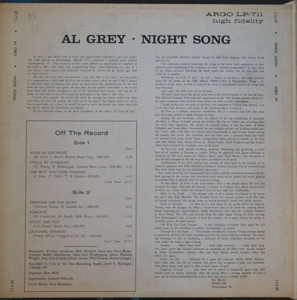 Al Grey With Billy Mitchell - Night Song - VG+ (Poor cover) LP Record USA Stereo Vinyl - Jazz / Hard Bop - Shuga Records