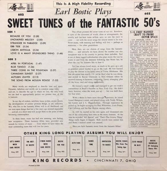 Earl Bostic - Sweet Tunes Of The Fantastic 50's - VG+ LP Record 1959 King USA Mono Original Vinyl - Jazz / Soul-Jazz - Shuga Records