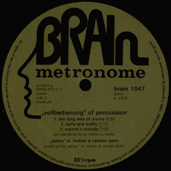 'Zabba' W. Lindner & Carsten Bohn - Vollbedienung Of Percussion - VG+ LP Record 1974 Brain Metronome Germany Vinyl - Krautrock / Fusion / Experimental - Shuga Records