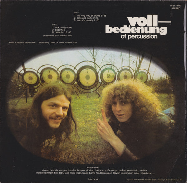 'Zabba' W. Lindner & Carsten Bohn - Vollbedienung Of Percussion - VG+ LP Record 1974 Brain Metronome Germany Vinyl - Krautrock / Fusion / Experimental - Shuga Records