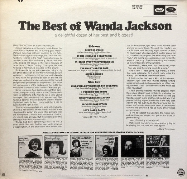 Wanda Jackson - The Best Of Wanda Jackson - VG+ LP Record 1968 Capitol USA Vinyl - Country / Rockabilly / Country Rock - Shuga Records
