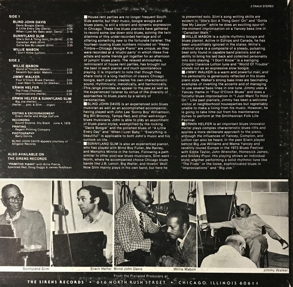 Various - Heavy Timbre Chicago Boogie Piano - New LP Record 1976 Sirens USA Vinyl - Chicago Blues / Piano Blues - Shuga Records