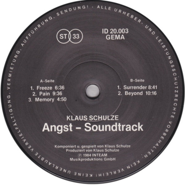 Klaus Schulze – Angst - Mint- LP Record 1984 Inteam GmbH Germany Original Vinyl - Soundtrack / Electronic / Berlin-School / Ambient - Shuga Records