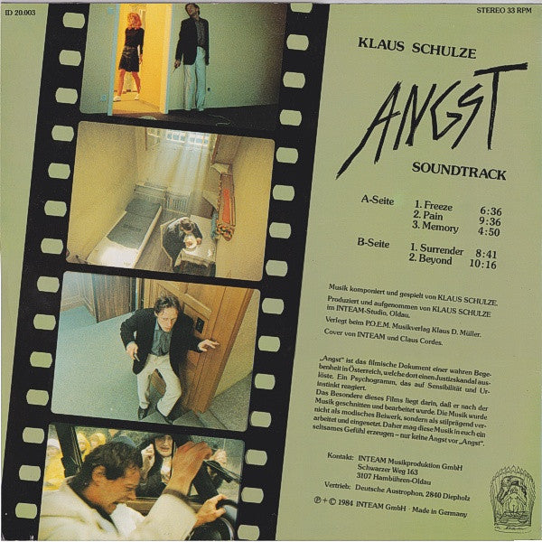 Klaus Schulze – Angst - Mint- LP Record 1984 Inteam GmbH Germany Original Vinyl - Soundtrack / Electronic / Berlin-School / Ambient - Shuga Records
