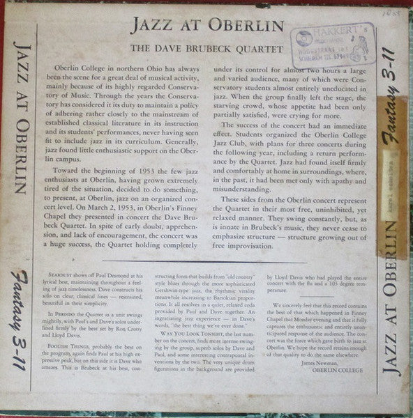 The Dave Brubeck Quartet - Jazz At Oberlin - VG+ 10" LP Record 1954 Fantasy USA Original Mono Black Vinyl - Jazz / Bop / Cool Jazz - Shuga Records