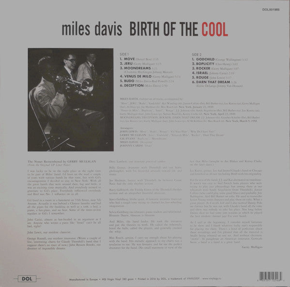 Miles Davis - Birth Of The Cool (1957) - Mint- LP Record 2016 DOL 180 gram White Vinyl - Jazz / Modal / Hard Bop - Shuga Records