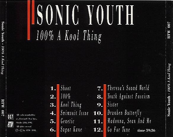 Sonic Youth - 100% A Kool Thing - VG+ CD 1993 RTW Germany RARE Unofficial - Alternative Rock - Shuga Records