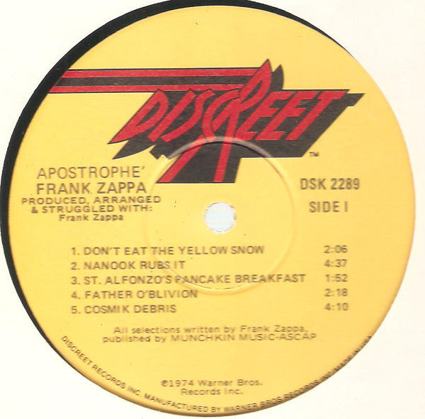 Frank Zappa - Apostrophe (') (1974) - Mint- LP Record 1977 Discreet USA Original Vinyl - Psychedelic Rock - Shuga Records