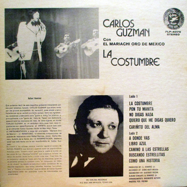Carlos Guzman - La Costumbre - VG+ LP Record 1975 Falcon USA Original Vinyl - Latin / Mariachi - Shuga Records