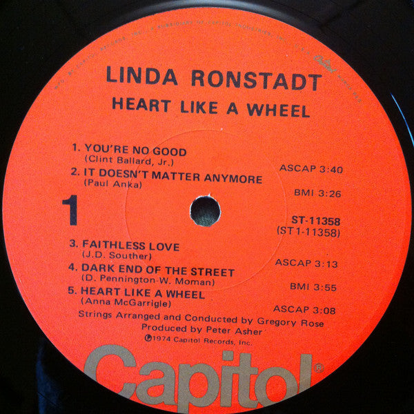 Linda Ronstadt - Heart Like a Wheel - VG+ LP Record 1974 Capitol USA Original Vinyl - Pop Rock / Country Rock - Shuga Records
