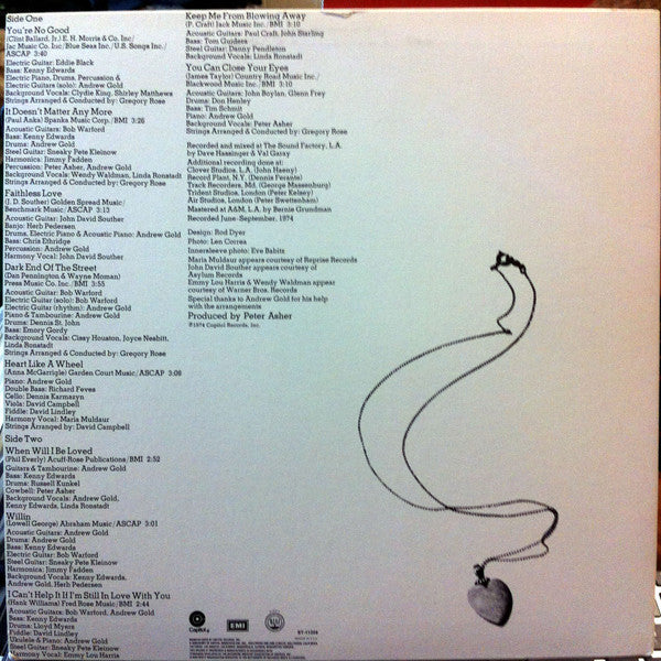 Linda Ronstadt - Heart Like a Wheel - VG+ LP Record 1974 Capitol USA Original Vinyl - Pop Rock / Country Rock - Shuga Records