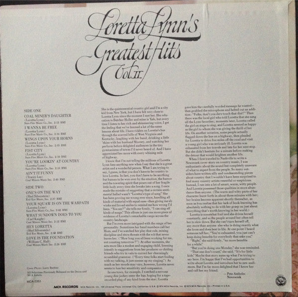 Loretta Lynn - Loretta Lynn's Greatest Hits Vol. II (1973) - Mint- LP Record 1980 MCA USA Vinyl - Country - Shuga Records