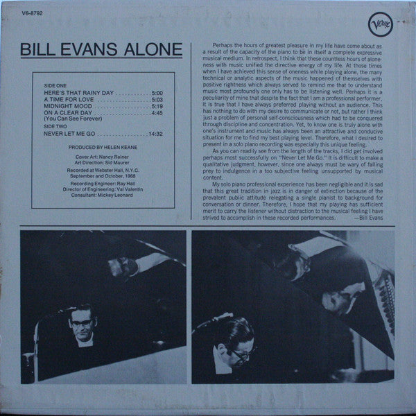 Bill Evans - Alone - VG+ LP Record 1968 Verve USA Original Vinyl - Jazz / Post Bop - Shuga Records
