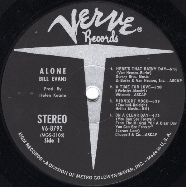 Bill Evans - Alone - VG+ LP Record 1968 Verve USA Original Vinyl - Jazz / Post Bop - Shuga Records