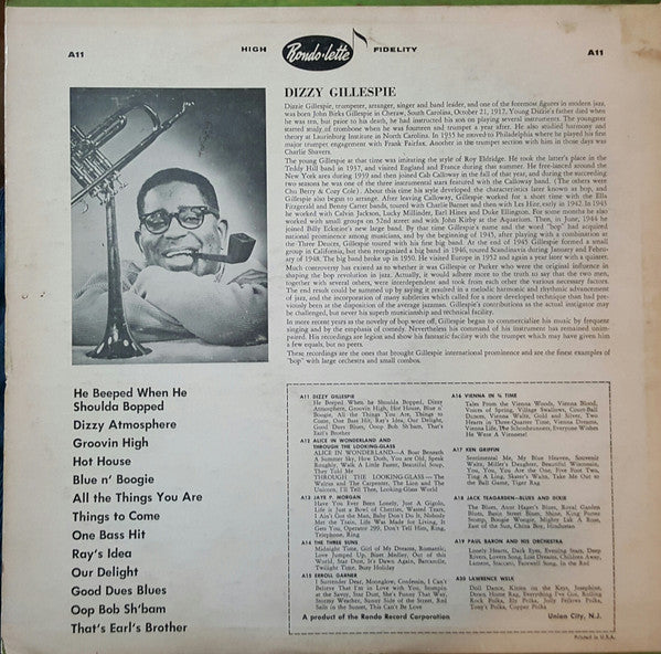 Dizzy Gillespie And His Original Orchestra - Dizzy Gillespie - VG+ LP Record 1958 Rondo-lette USA Vinyl - Jazz / Bop / Latin - Shuga Records
