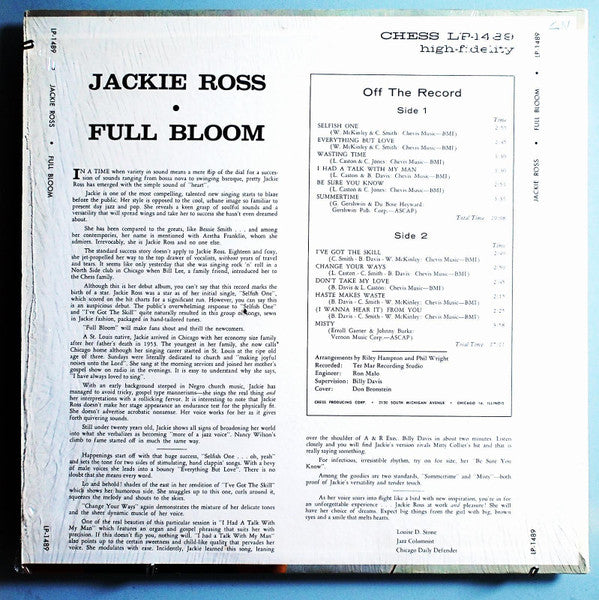 Jackie Ross – Full Bloom - VG+ LP Record 1964 Chess USA Stereo Original Vinyl - Soul / Rhythm & Blues - Shuga Records