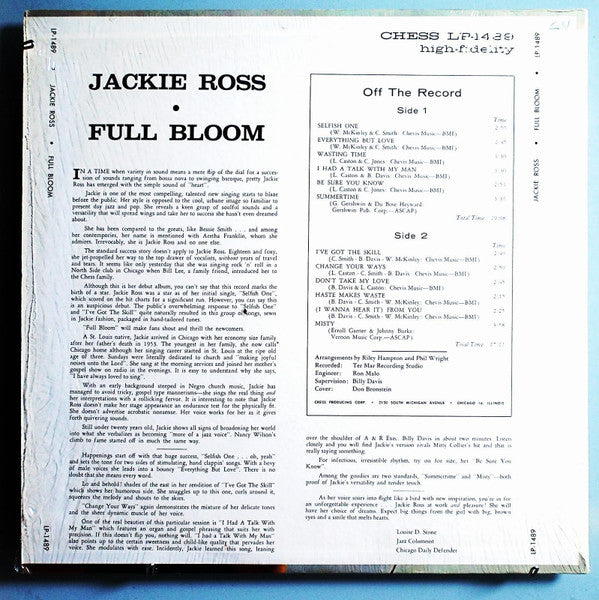 Jackie Ross – Full Bloom - VG+ LP Record 1964 Chess USA Stereo Original Vinyl - Soul / Rhythm & Blues