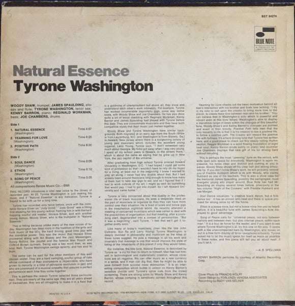 Tyrone Washington - Natural Essence - VG LP Record 1968 Blue Note USA Mono Promo Audition Vinyl - Jazz / Bop / Modal - Shuga Records