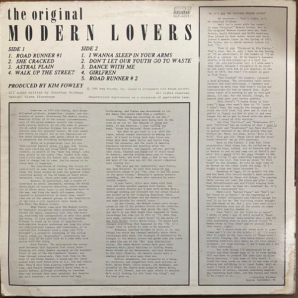 The Modern Lovers - The Original Modern Lovers - VG+ (VG cover) LP Record 1982 BOMP! USA Original Vinyl - New Wave / Indie Rock / Pop Rock - Shuga Records