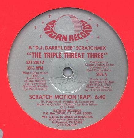The Triple Threat Three - Scratch Motion - VG+ 12" Single Record 1984 Saturn Vinyl - Hip Hop / Electro - Shuga Records