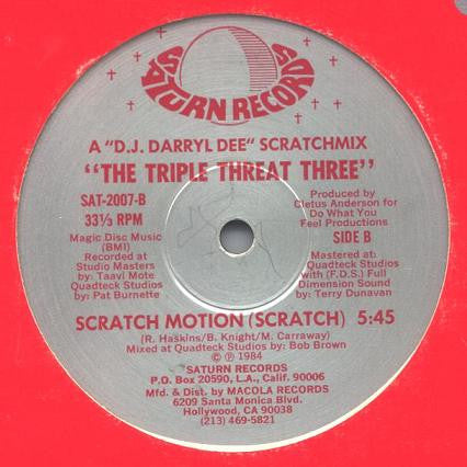 The Triple Threat Three - Scratch Motion - VG+ 12" Single Record 1984 Saturn Vinyl - Hip Hop / Electro - Shuga Records