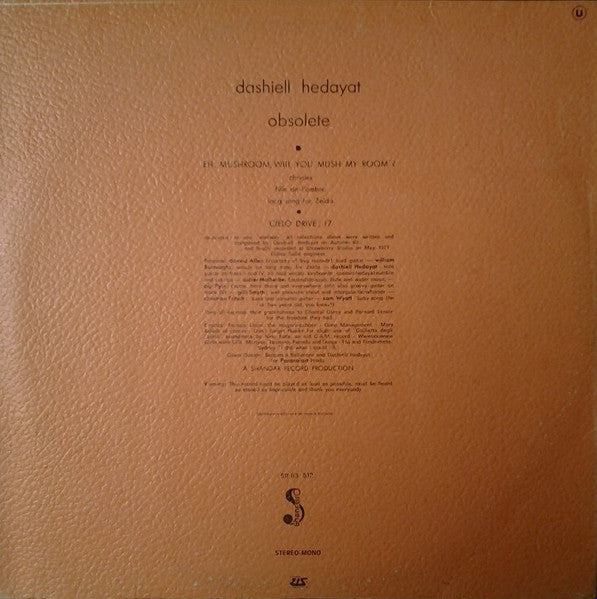 Dashiell Hedayat - Obsolete - LP Record 1971 Shandar France Vinyl & Black Labels, Textured Cover - Psychedelic Rock / Prog Rock - Shuga Records